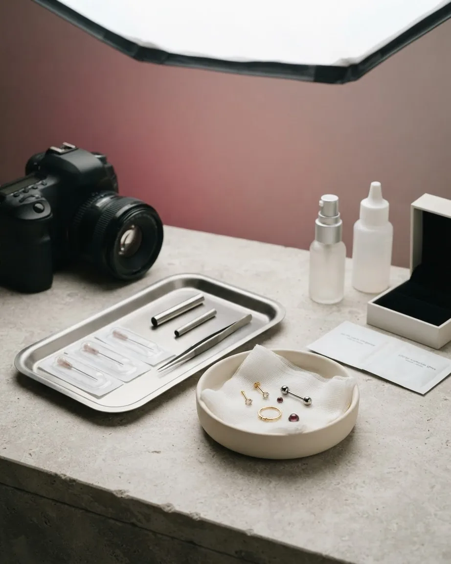 Piercing jewelry rests on a cloth-lined dish beside a tray of tools, bottles, and a camera on a countertop.